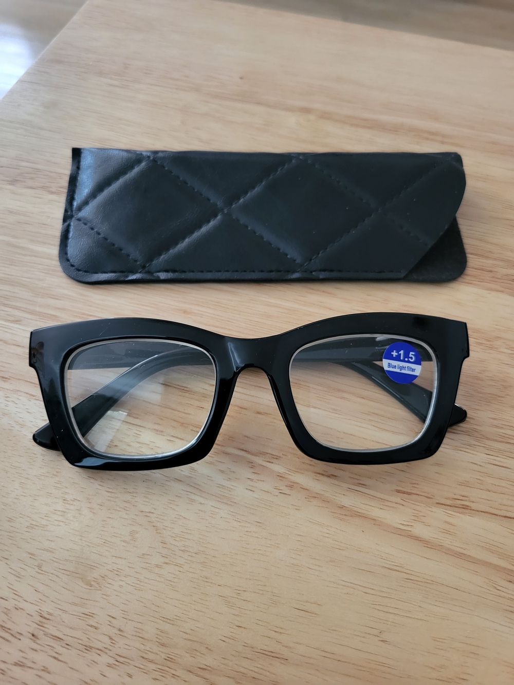 Black Square Blue Light Reading Glasses +1.5 with Quilted Sleeve